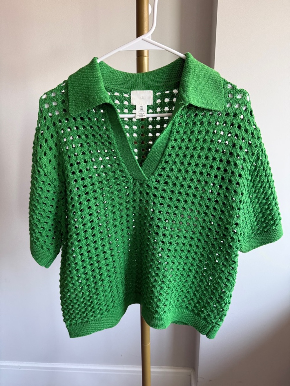 H&M Open-Knit Collared Sweater Top in Green | Size S